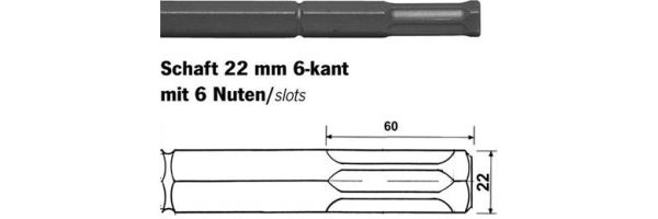 Schaft 22 mm 6-kant mit 6 Nuten